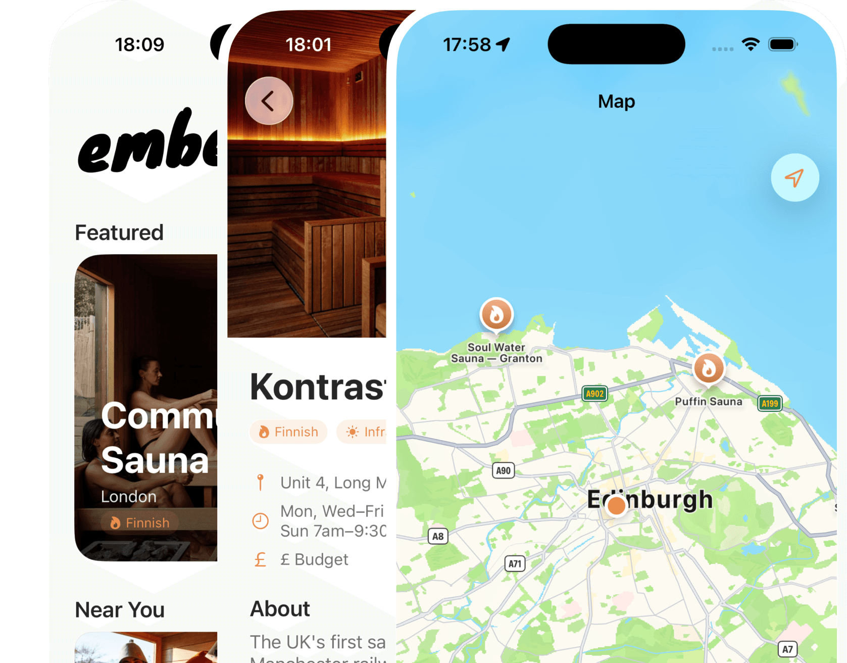 Ember iOS app showing a sauna detail view and stamps