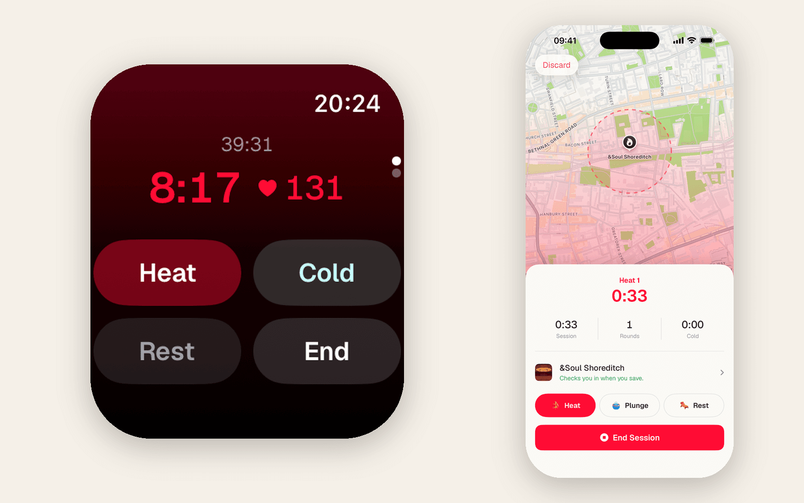 Two Ember screens side by side. On the Apple Watch, a session eight minutes into its third heat round shows 131 beats per minute above four buttons, Heat, Cold, Rest and End. On the iPhone, a session at &Soul Shoreditch is 33 seconds into its first heat round, with the venue on the map above and Heat, Plunge, Rest and End Session buttons below.