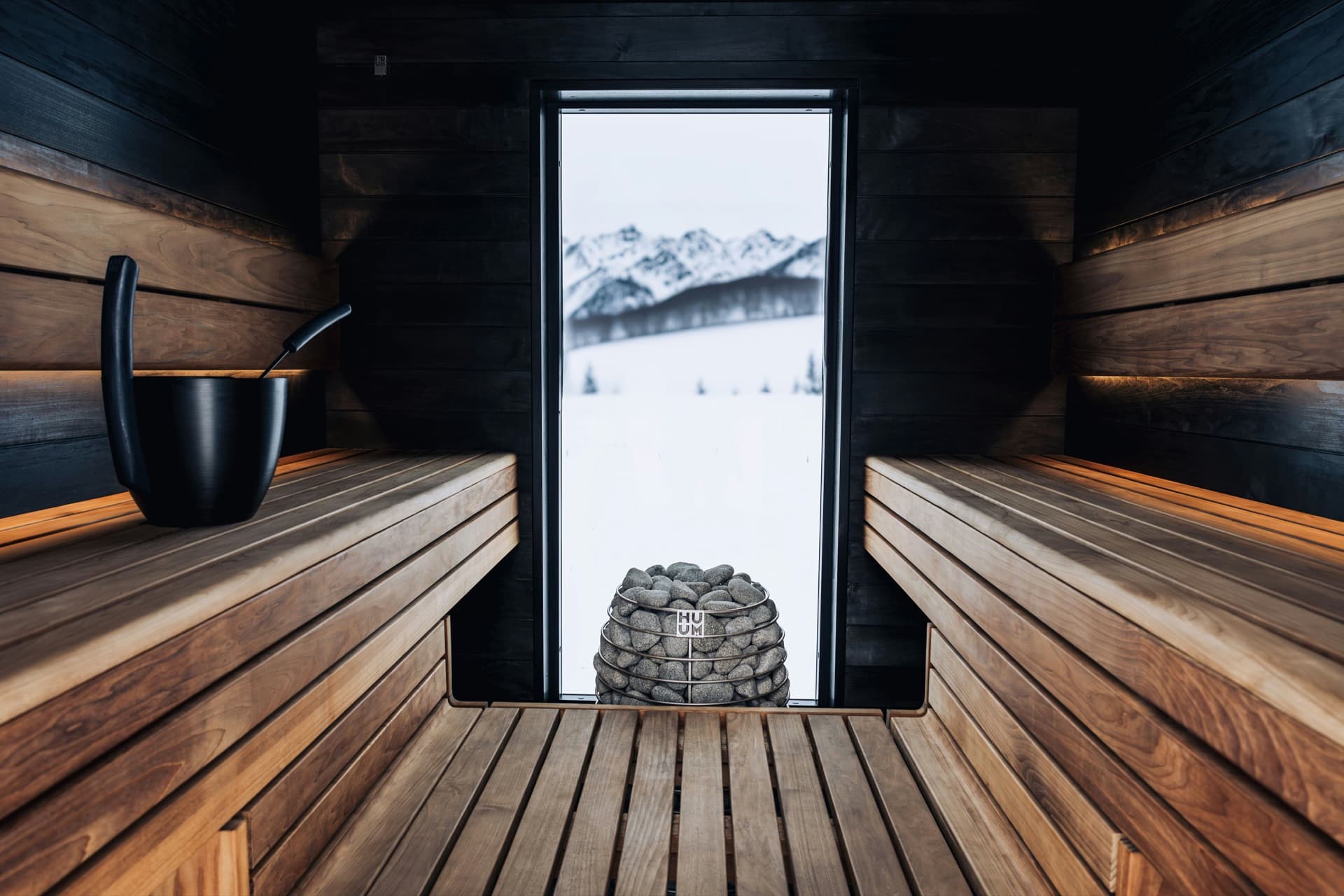 Lakeside sauna at golden hour